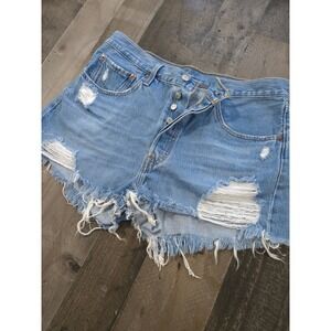 Levis 501 Distressed High Waisted Denim Shorts Light Wash‎ Blue Button Fly W31